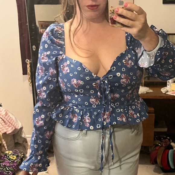 Blue puff sleeve floral summer blouse - Picture 3 of 7